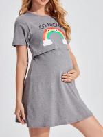 Pijama de manga corta para mujeres embarazadas, ropa informal de lactancia con patrón de letras de arcoíris, primavera y verano - details 2