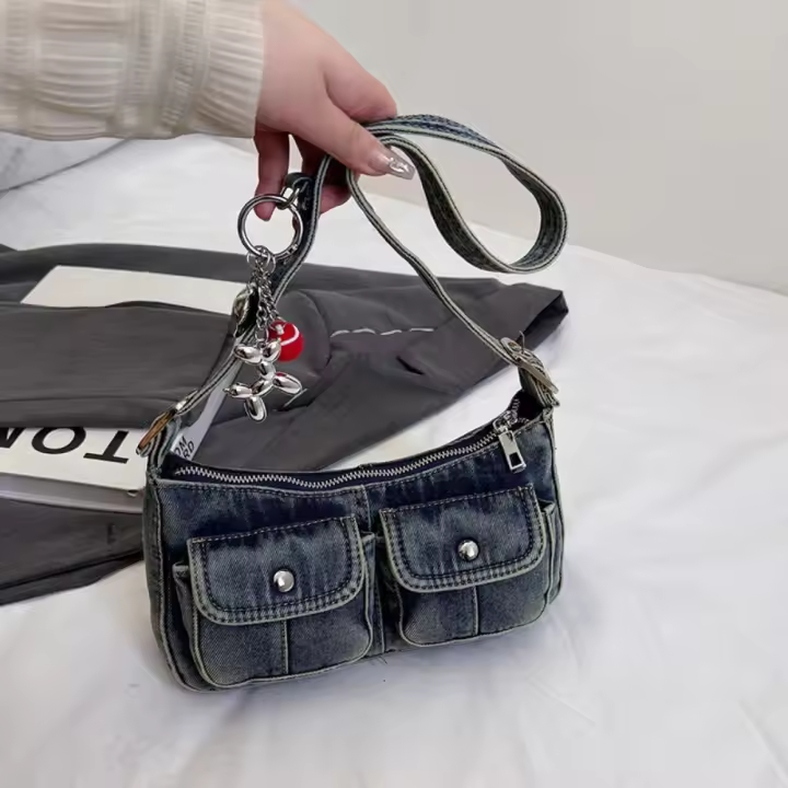 Bolso de mano de moda, bolso vaquero Retro, bolso cruzado para axila, bolso de hombro para chica picante, bolso para axila, bolso de tela Y2K, ropa de calle - 1