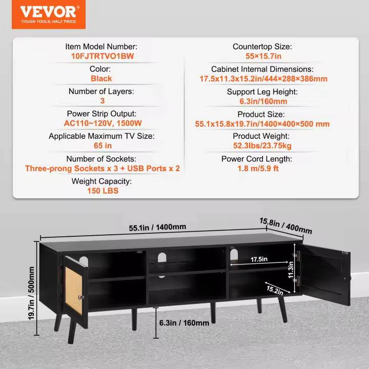 VEVOR soporte de TV de ratán para TV, soporte de TV Boho con puerta de ratán, centro de entretenimiento con enchufe incorporado y puertos USB - 1