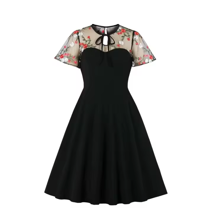 2024 nuevo Retro de manga corta de malla de contraste elegante ral bordado Swing Vintage mujeres corbata cuello bolsillo lateral vestido de verano - 1