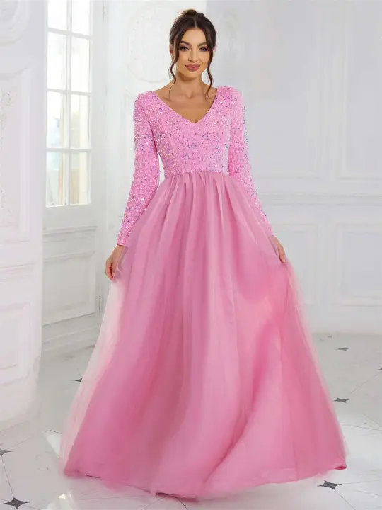 Elegante Vestido de Terciopelo con Lentejuelas Cuello en V, Manga Larga, Red de Cetín, Azul Cielo y Rosa, Perfecto para Fiestas - 1