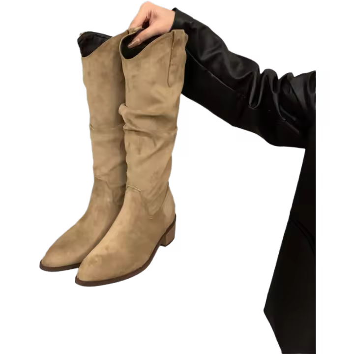 Tacón grueso vintage marrón, botas de punta en V, botas medias, zapatos de mujer, verano 2025, botas vaqueras occidentales puntiagudas - 1