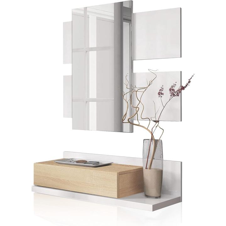 Mueble de Entrada Tekkan Recibidor con Cajón y Espejo Blanco Artik y Roble Canadiense