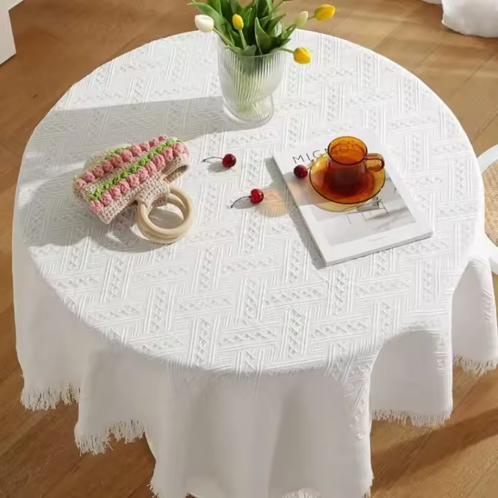 Estilo de tela de comedor Ense blanco, mesita de noche cuadrada redonda, fondo de fotografía, decoración de mantel - 1