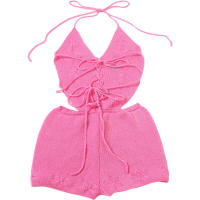BUNO-Pelele con espalda descubierta de ganchillo para mujer, pelele Sexy con cuello Halter y fruncido, ajustado, elástico, Hipster, para entrenamiento - details 6