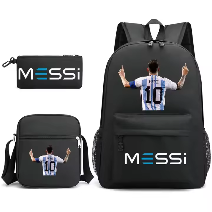 Mochila con estampado de estrella de fútbol Messi, mochila ligera y sencilla para estudiantes de secundaria, 3 piezas - 1