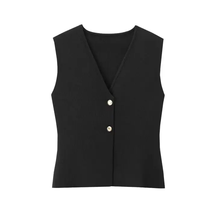 TRAFZA-Conjunto de 2 piezas para mujer, chaleco de punto con cuello en V sin mangas y botones, falda hasta el tobillo con cremallera lateral de cintura alta y empalme - 1