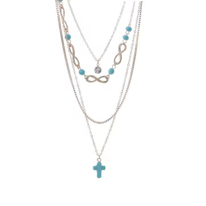 Collar combinado de múltiples elementos, adorno multicapa con cruz turquesa número 8 de buena suerte - 1
