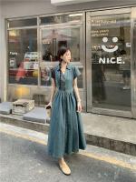 Vestido vaquero Vintage elegante con cuello en V, falda acampanada de longitud media, cintura alta coreana, manga corta, moda de verano para mujer - details 8