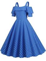 Vestido de fiesta Vintage elegante con hombros descubiertos, vestidos Midi de verano con lunares y volantes para mujer - details 31