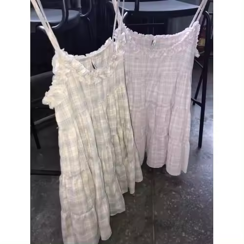 Retro coreano Sle Sweet Girl lindo Puffy Plaid encaje Halter pastel vestido de mujer chaleco Top algodón 00% primavera 2025 - 1