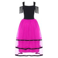 Vestido español mujer, vestidos baile Flamenco, mangas frías, vestido largo tul con bloques Color para bailar, disfraz fiesta - details 14