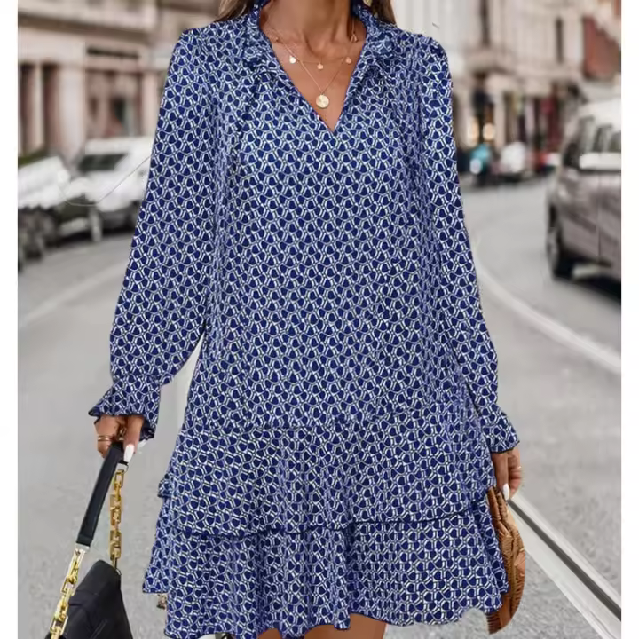 Vestido de manga larga, cuello de encaje en forma de V, estampado bohemio de primavera y otoño, adecuado para mujer - 1