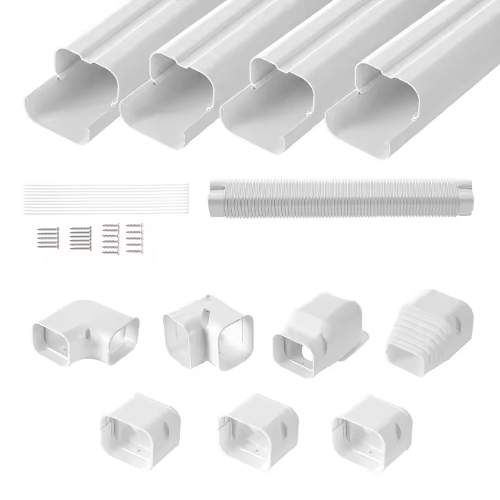 Funda para juego de mini líneas divididas SucceBuy. 76,2 mm de ancho, 4830 mm de largo. PVC decorativo para CA. 4 conductos y componentes rectos. Fácil instalación. Pintable. Blanco. Para bombas de calor. - 1