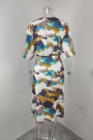 2025 primavera vestido de mujer europeo y americano nuevo temperamento impresión de moda cuello en v con cordones cintura vestido delgado - details 2