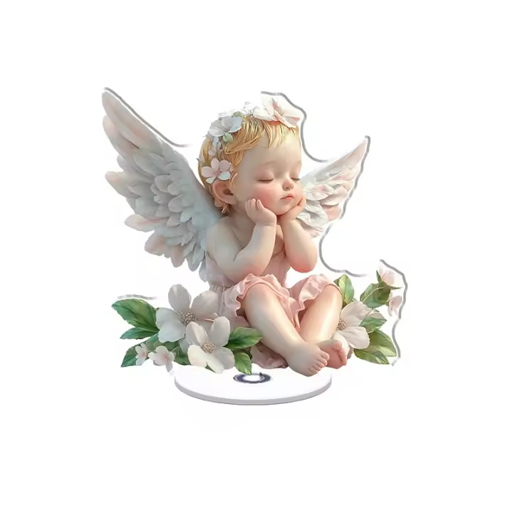 Pieza acrílica giratoria que representa un ángel sereno adornado con un traje rosa con cabello dorado y alas intrincadas entre flores y hojas vibrantes. - 1