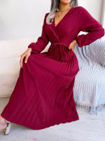 CDM Women Elegant V Neck Long Sleeve Pleated Maxi Dress - details 27