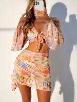 Bikini de 4 Piezas con Estampado Floral Top Halter con Escote en V Alto y Mangas Largas Camisa de Cubrir y Falda para Mujeres Moda - details 5