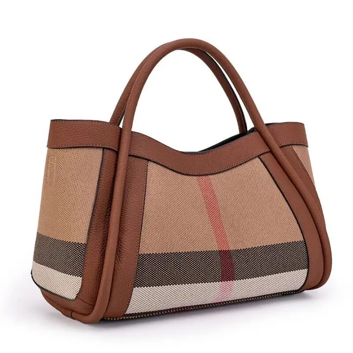 Bolso de Lona con Rayas Leten Bolso de Hombro Retro a Cuadros de Lujo Bolso de Mochila de Cuero Genuino para Mujeres Material Exterior PVC/Vinilo - 1