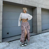 BUNO-Falda larga de cintura alta con cremallera para mujer, faldas Cargo informales con bolsillos grandes, abertura frontal, holgada, recta, Midi, ropa de calle, estilo Safari, 2025 - details 19