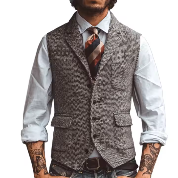 Nuevo chaleco con solapa y cuello en V para hombre, chaleco informal clásico Formal de negocios en espiga, chaleco ajustado para padrinos de boda - 1