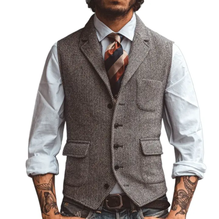 Nuevo chaleco con solapa y cuello en V para hombre, chaleco informal clásico Formal de negocios en espiga, chaleco ajustado para padrinos de boda - 1