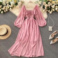 Nuevo modelo de vestido maxi elegante con cuello cuadrado para mujer, gasa lisa con mangas abullonadas, bata de fiesta en la playa, vestidos con volantes vintage - details 0