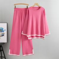Traje tejido para mujer 2 Conjunto de ropa de mujer de Color sólido de manga larga，Traje de cuello redondo y pantalones sueltos - details 6