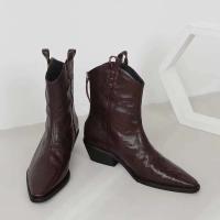 2024 Nuevas botas de cuero estilo vaquero occidental con punta afilada y tacón grueso, botines de mujer Chealsea - details 0