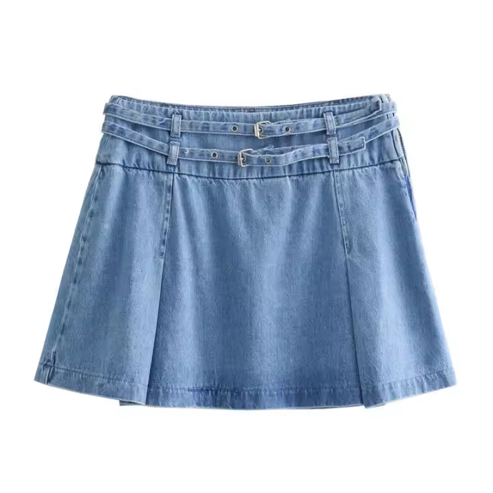 Mini s para Mujer Primavera 2025 Estilo Transfronterizo Moda Europea Americana con Cinturón Lavado Plisado Azul - 1