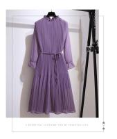 Vestido elegante de gasa hasta la rodilla para mujer con cuello de volantes y cremallera, línea A morada, moda coreana para mujer - details 12