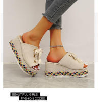 Nuevas zapatillas tejidas con bloques de color de cuña de verano para mujer, sandalias de tacón alto con cordones de paja de gran tamaño - details 12