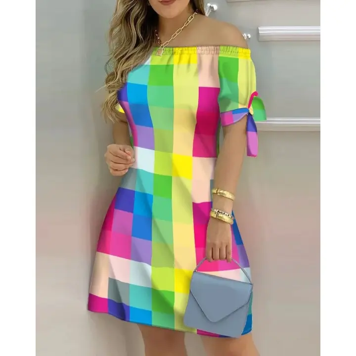 Vestido Estampado Sexy A La Moda Para Mujer, Vestido Acampanado De Manga Corta Con Hombros Descubiertos, Minivestidos Con Hombros Descubiertos Para Mujer - 1