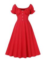 Elegante Vestido Largo Rojo con Cuello de Corazón Vintage Cintura Elástica, Botones Frontales - details 1