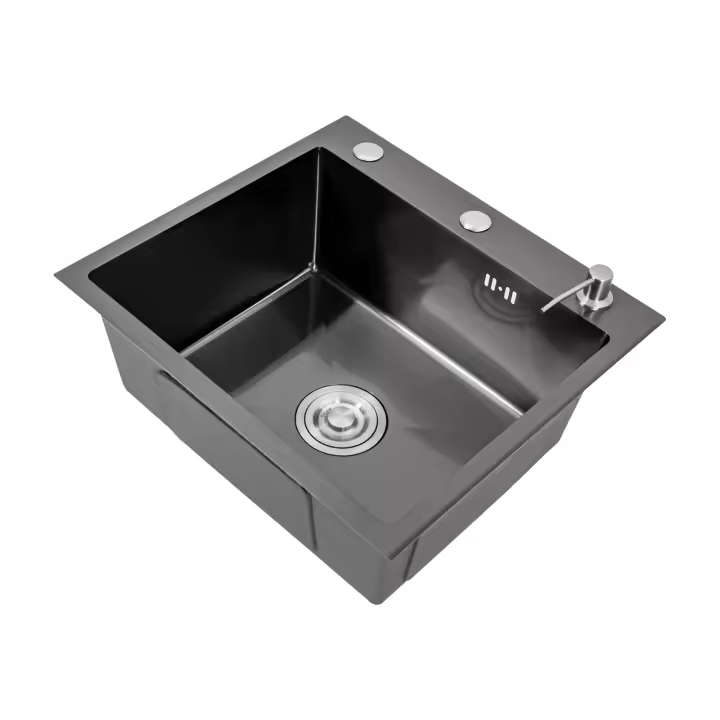 Fregadero de cocina integrado con dispensador de jabón, negro mate, con drenaje, PVD de textura Nano, 50x45 cm - 1