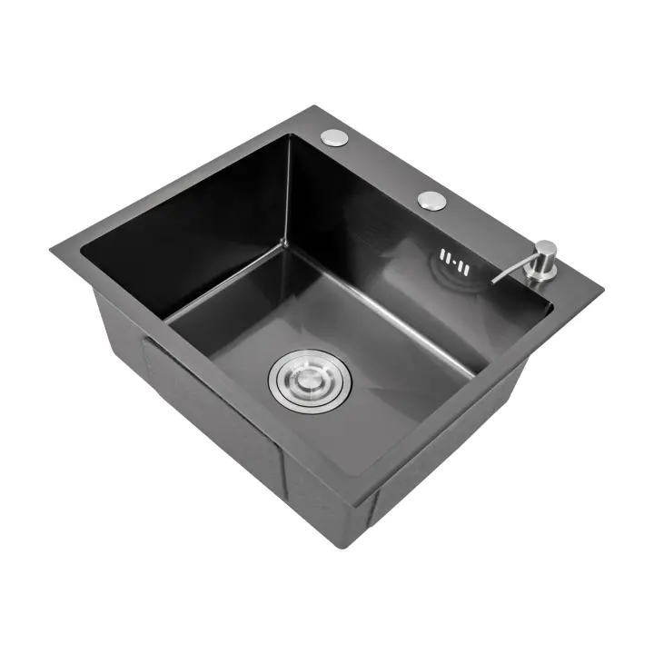 Fregadero de cocina integrado con dispensador de jabón, negro mate, con drenaje, PVD de textura Nano, 50x45 cm - 1