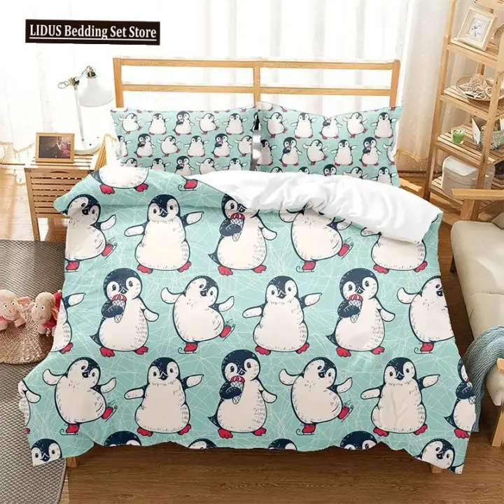Juego de Fundas de Almohada de Pingüino de Dibujos Animados Cubierta de Edredón de Animal de Antarctica de Poliéster Tamaño Rey y Reina Ropa de Cama y Baño - 1