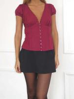 Camisa informal de verano de Color sólido para mujer, manga corta, cuello en V profundo, cinta Ence, Tops cortos dulces de fiesta con botones - details 9