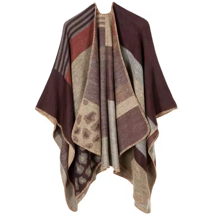 Chal Retro para mujer, capa de Poncho abierta frontal, Cárdigan para otoño e invierno, manta cálida y versátil, capa gruesa de punto de doble cara - 1