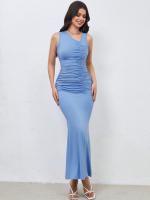Elegante vestido plisado lateral de mujer falda alta y larga - details 3