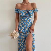 Vestido de mujer, novedad de verano 2025, vacaciones, pausa para el té, cuello cuadrado, falda de longitud media, mangas de burbuja, vestido con abertura Floral francés - details 31