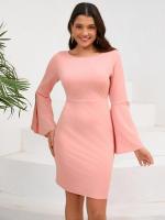 Elegante y bonito vestido Midi de manga larga para mujer, de Color sólido vestido ajustado, falda de cuello redondo que cubre la cadera - details 4