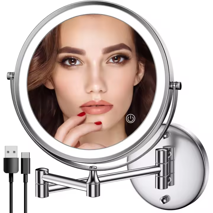 Rocollos Maquillaje iluminado recargable montado en la pared cromado, espejo de tocador LED de doble cara con aumento de 1X/10X, luces de 3 colores - 1