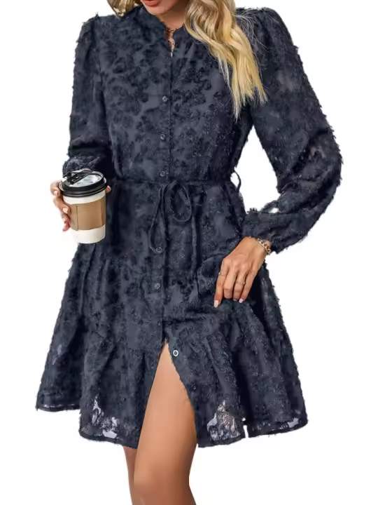 Vestido de manga larga para mujer con cuello alto, moda coreana, color sólido, 2025 - 1