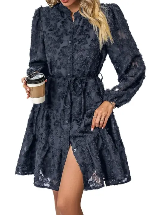 Vestido de manga larga para mujer con cuello alto, moda coreana, color sólido, 2025 - 1
