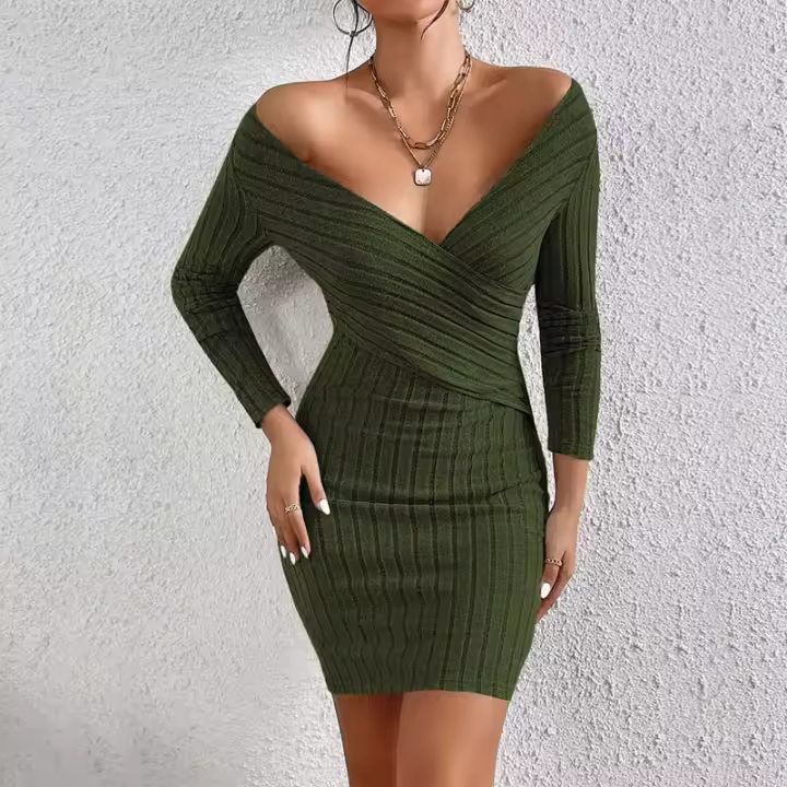 Vestido de manga larga de mujer de cuello V de cinco puntos - 1