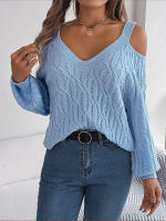Jersey con cuello en V para mujer, manga farol, Color sólido, torceduras de masa frita, suéter informal suelto, Tops de moda, otoño e invierno, 2023 - details 10