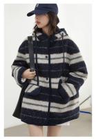 Abrigos de plumas para mujer, chaqueta holgada de un solo pecho con capucha y rayas contrastantes, chaqueta femenina para Otoño e Invierno 2024 - details 15