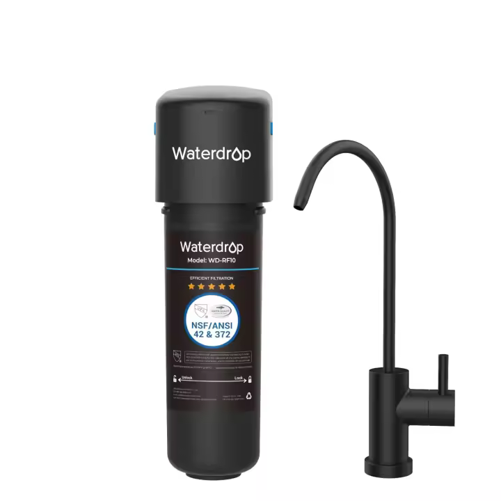 Waterdrop 10UB-B Filtro de agua debajo del fregadero con grifo negro mate, certificado NSF/ANSI 42, sistema de filtro de agua de alta capacidad de 30,000 litros, reduce PFAS, PFOA/PFOS, reduce plomo, cloro, mal sabor - 1