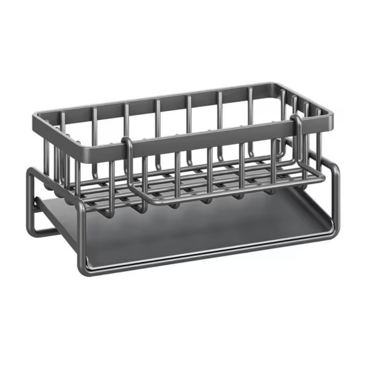 Estante de fregadero de cocina a prueba de óxido con bandeja de goteo de agua, soporte de esponja de Metal detrás del grifo, organizador de cepillos de limpieza negro y gris - 1